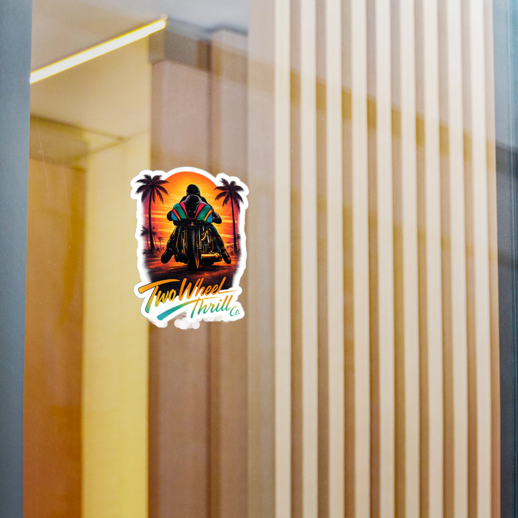 Motorcycle Sunset Sticker — "Two Wheel Thrill" Kiss-Cut Vinyl Decal