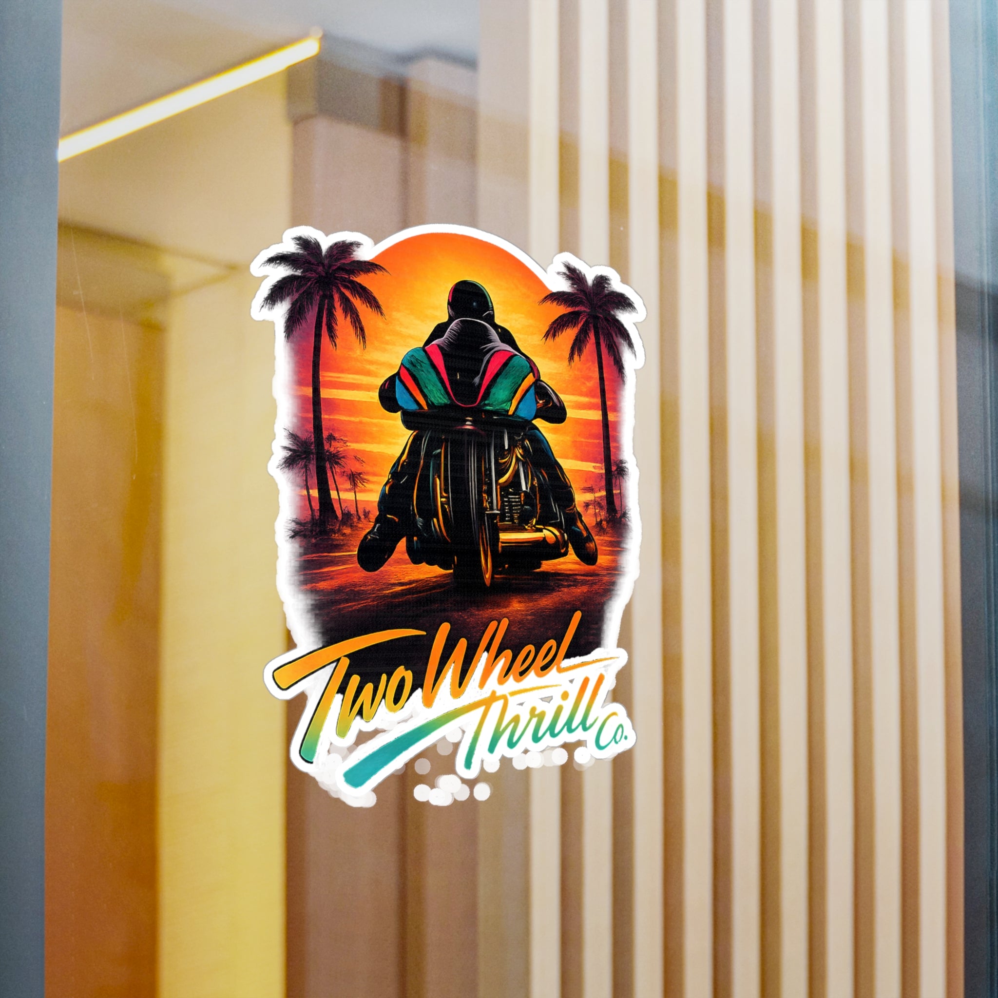 Motorcycle Sunset Sticker — "Two Wheel Thrill" Kiss-Cut Vinyl Decal
