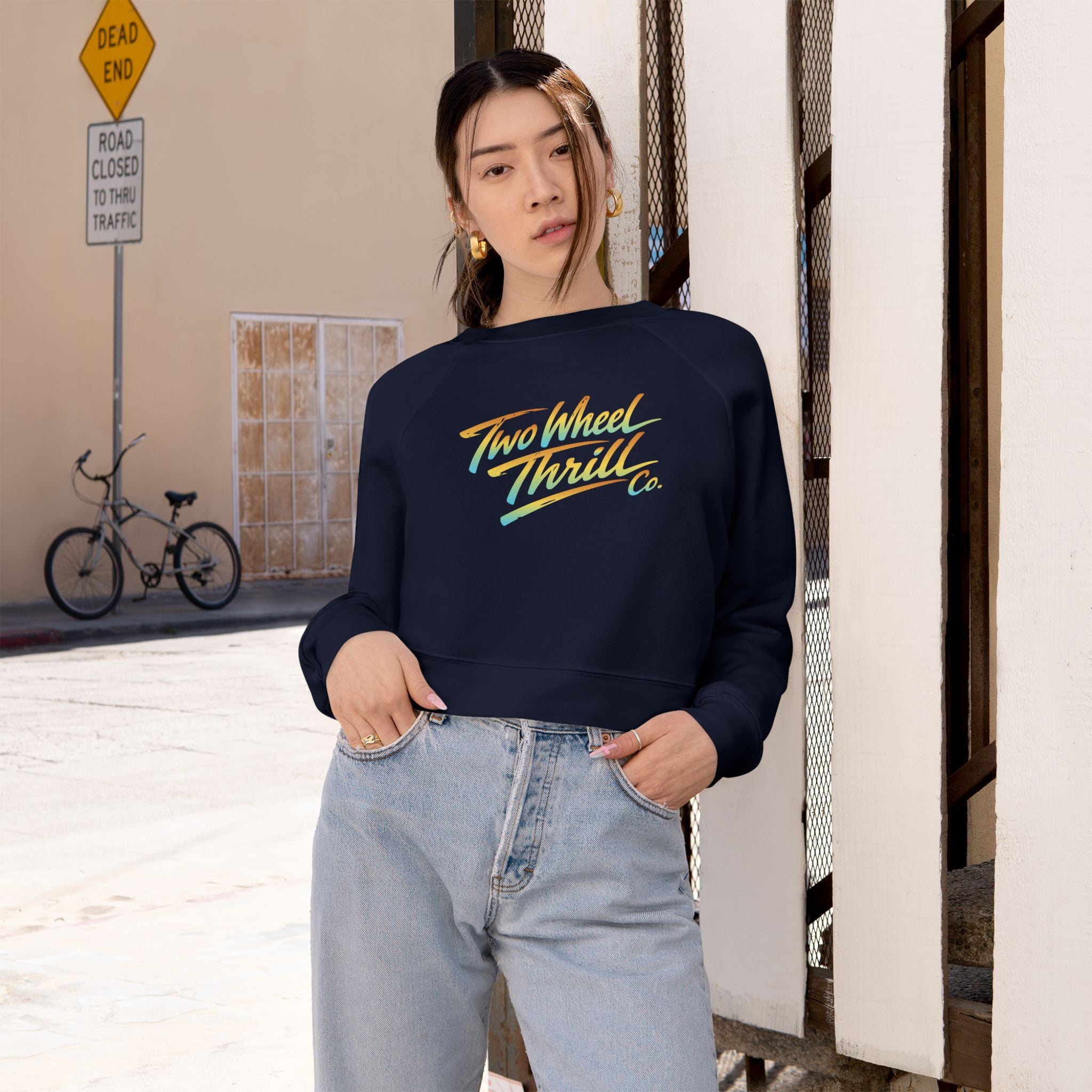Two Wheel Thrill Co. Cropped Pullover — Women's Retro Motorcycle Fleece