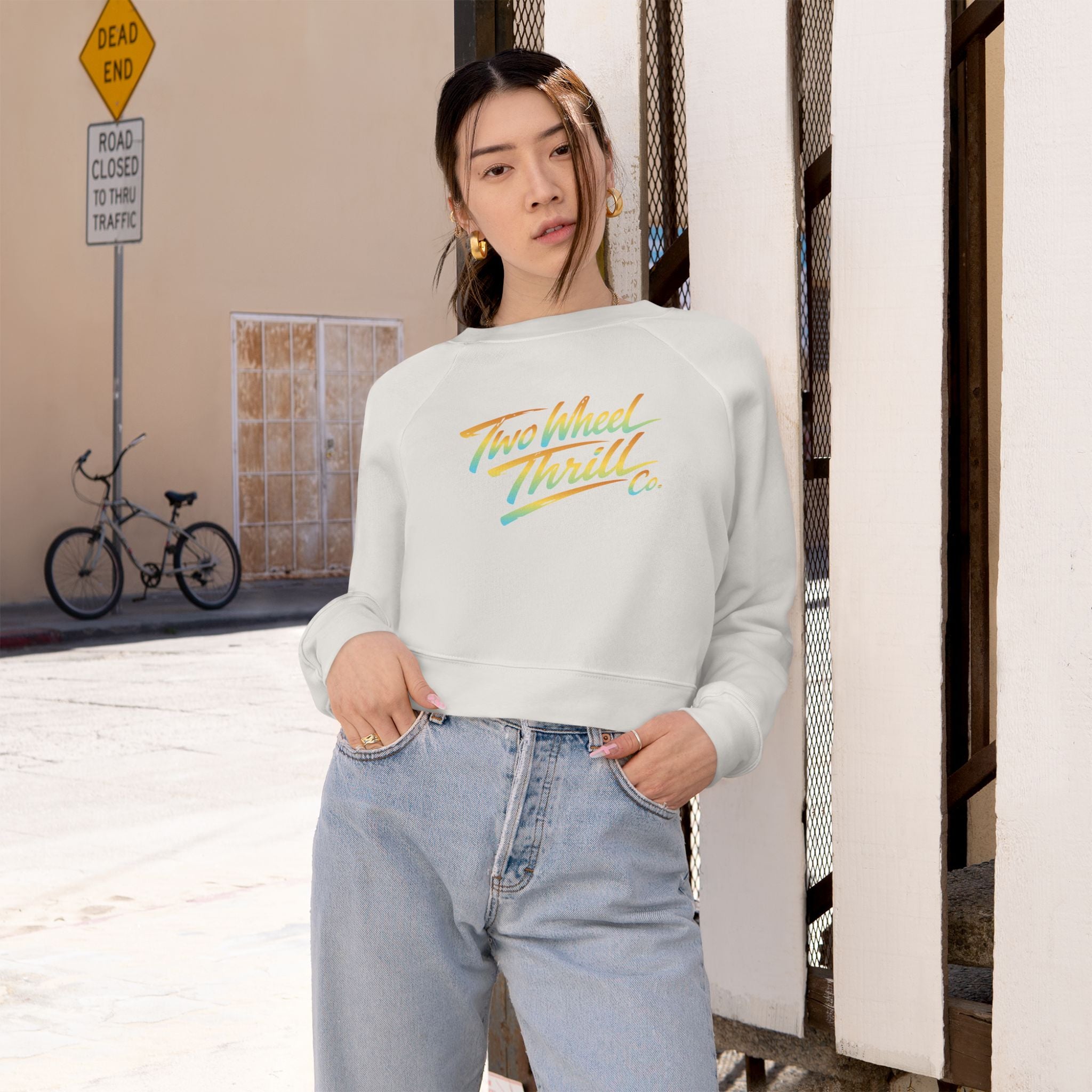 Two Wheel Thrill Co. Cropped Pullover — Women's Retro Motorcycle Fleece