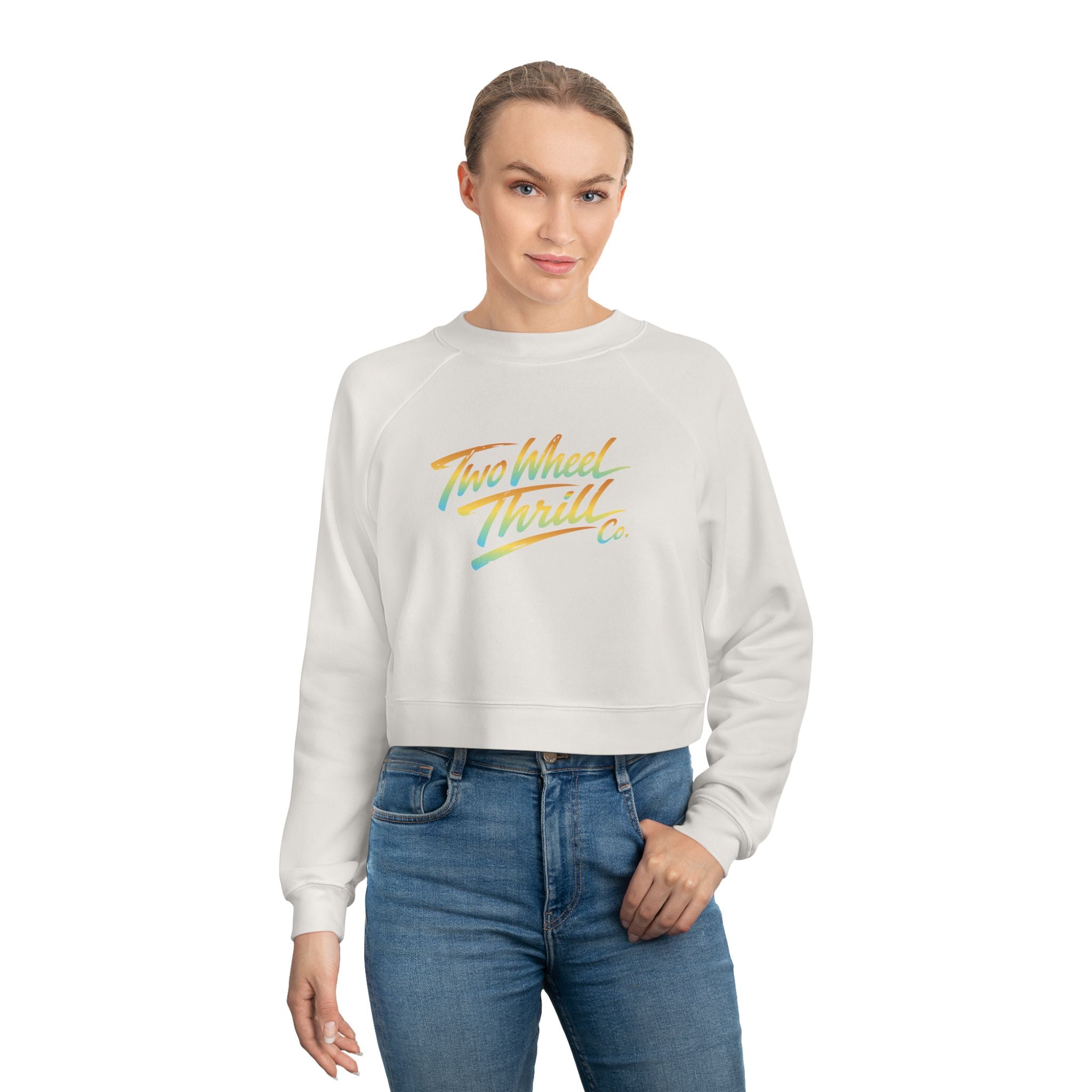 Two Wheel Thrill Co. Cropped Pullover — Women's Retro Motorcycle Fleece