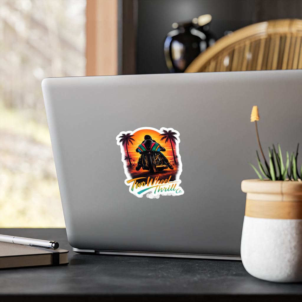 Motorcycle Sunset Sticker — "Two Wheel Thrill" Kiss-Cut Vinyl Decal