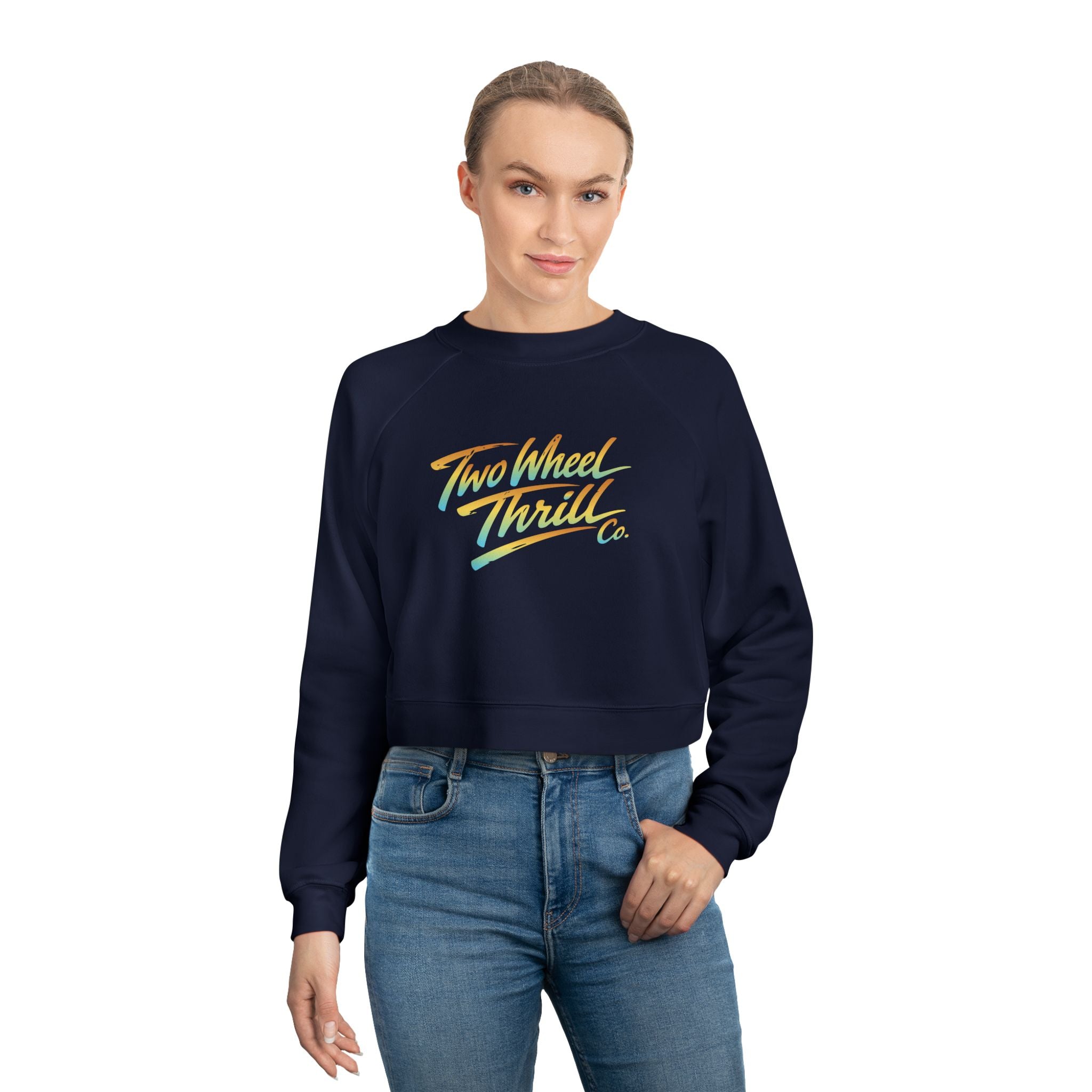 Two Wheel Thrill Co. Cropped Pullover — Women's Retro Motorcycle Fleece