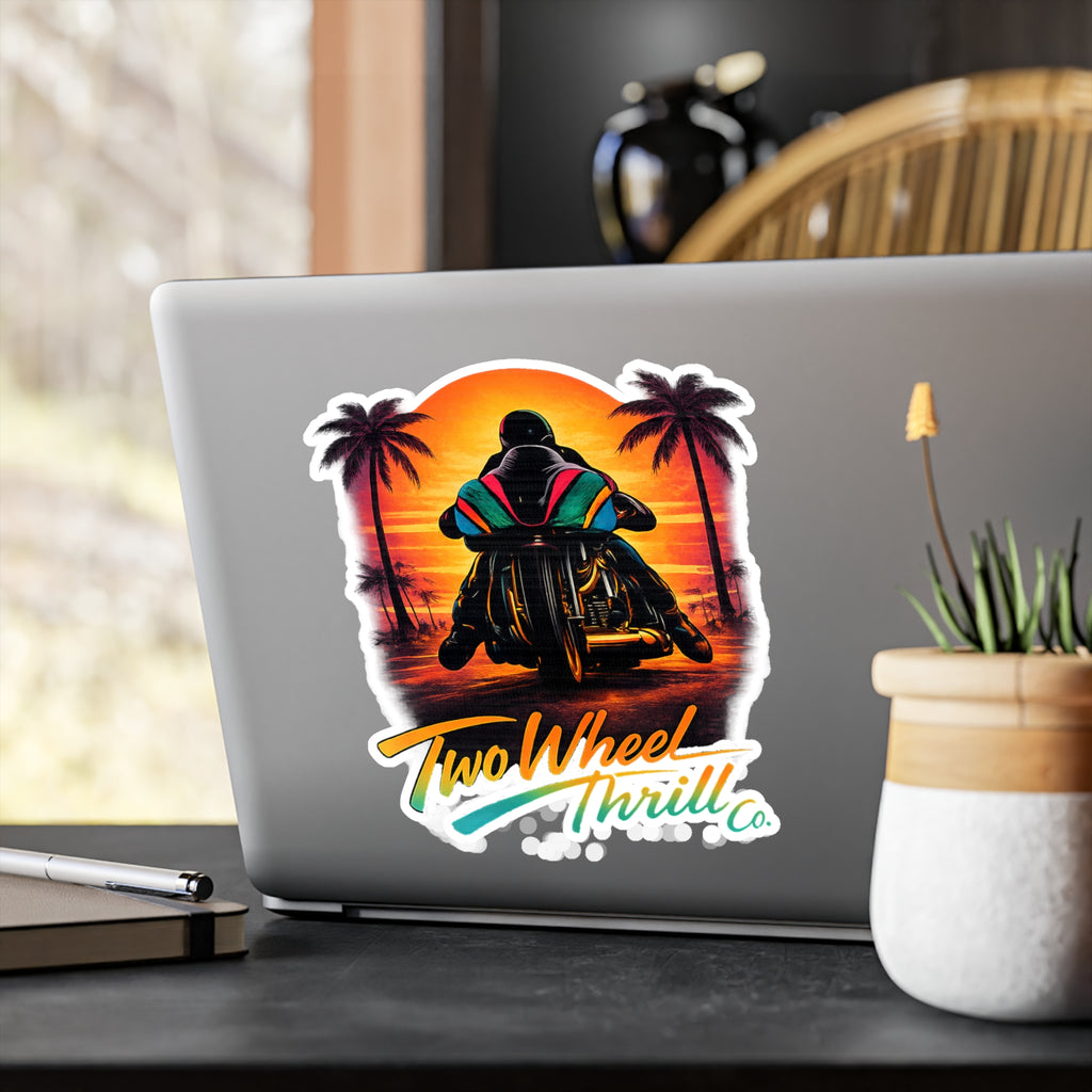 Motorcycle Sunset Sticker — "Two Wheel Thrill" Kiss-Cut Vinyl Decal