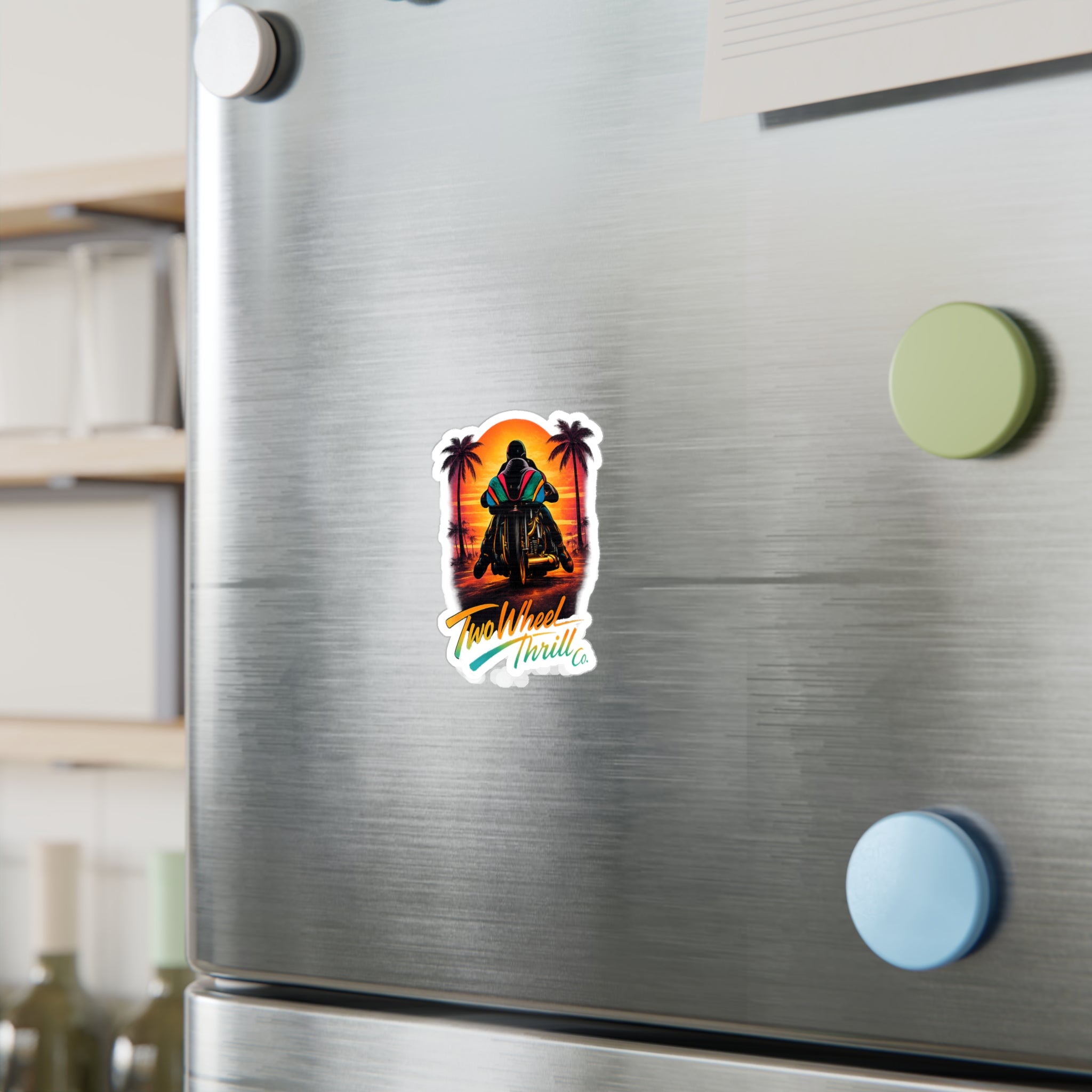 Motorcycle Sunset Sticker — "Two Wheel Thrill" Kiss-Cut Vinyl Decal