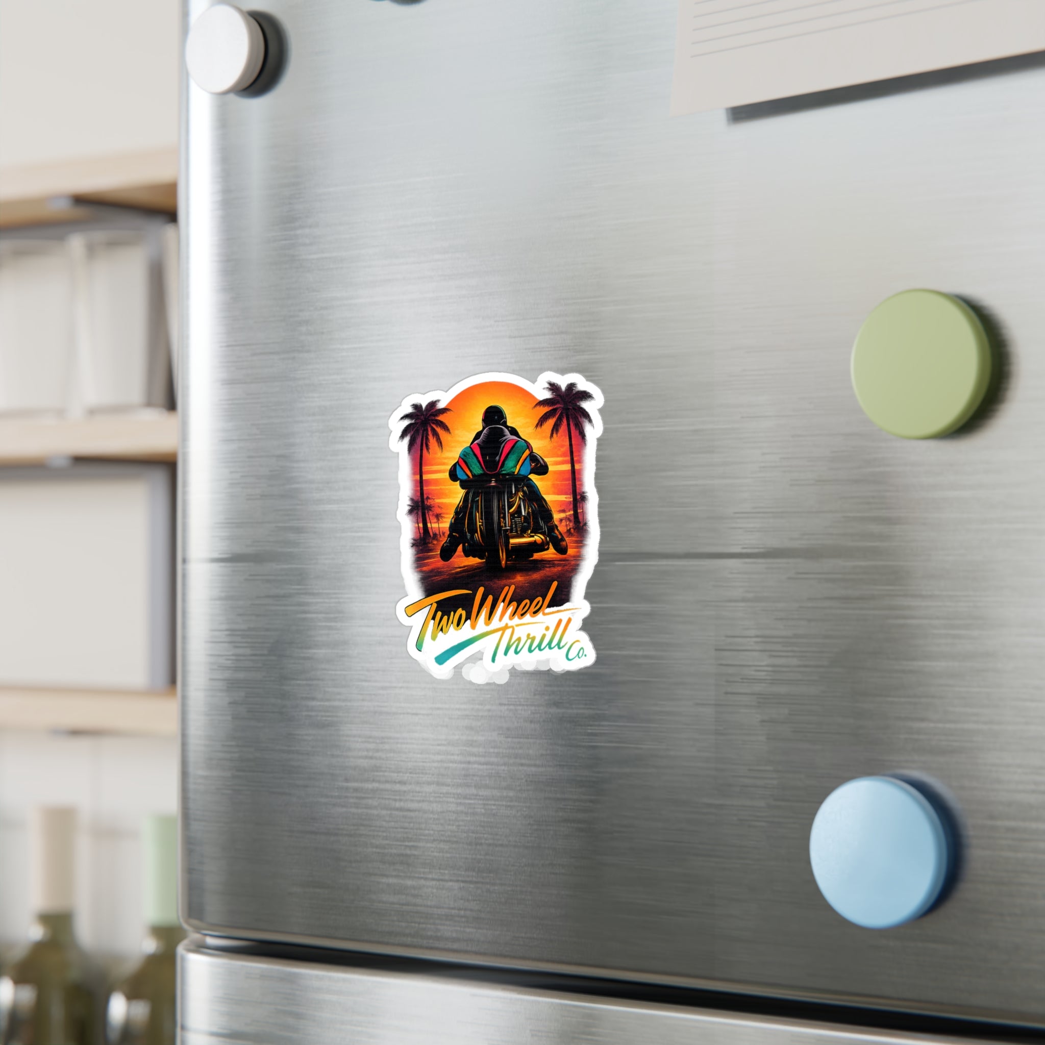 Motorcycle Sunset Sticker — "Two Wheel Thrill" Kiss-Cut Vinyl Decal