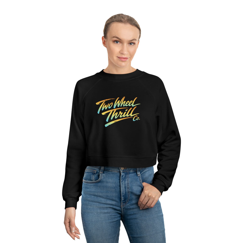 Two Wheel Thrill Co. Cropped Pullover — Women's Retro Motorcycle Fleece