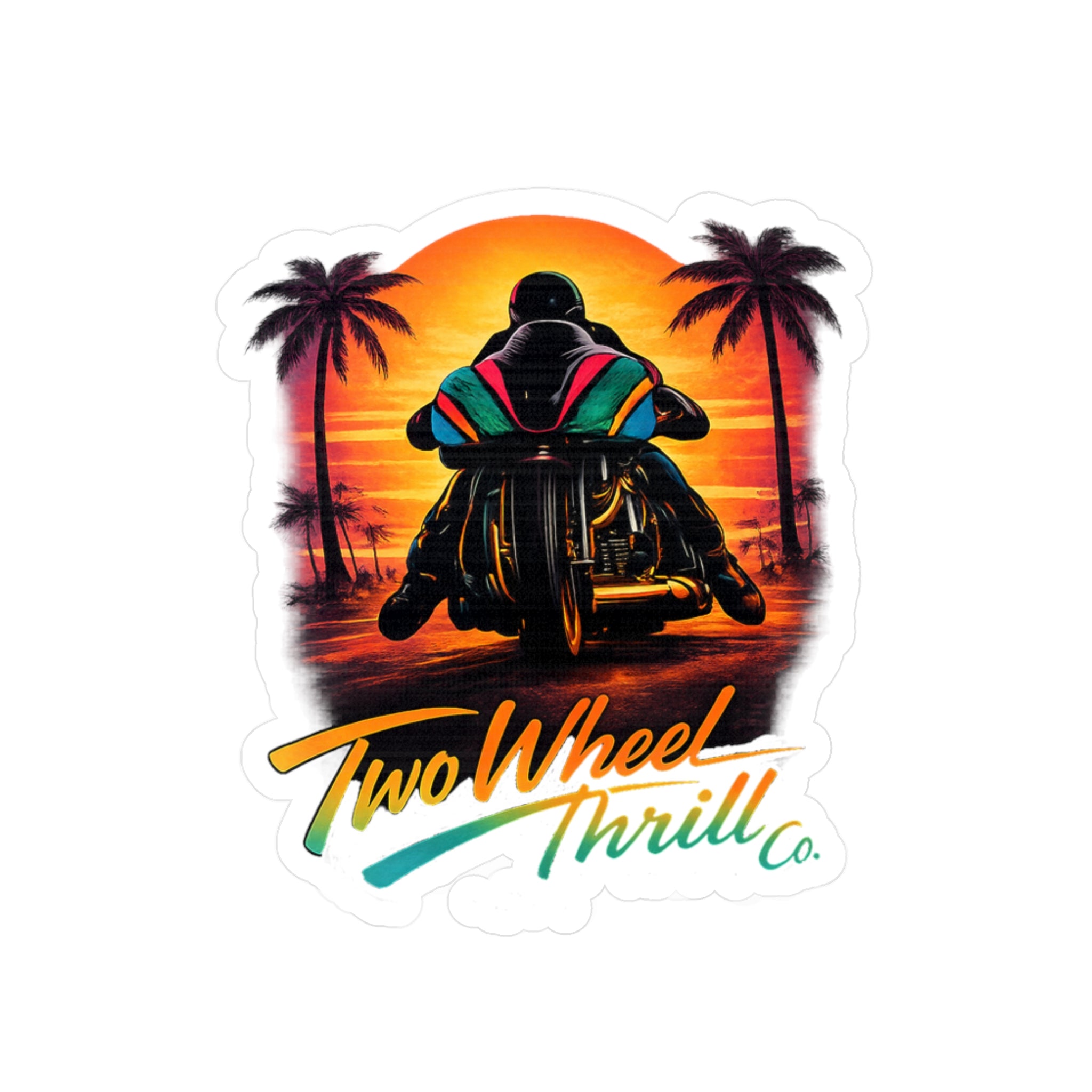 Motorcycle Sunset Sticker — "Two Wheel Thrill" Kiss-Cut Vinyl Decal