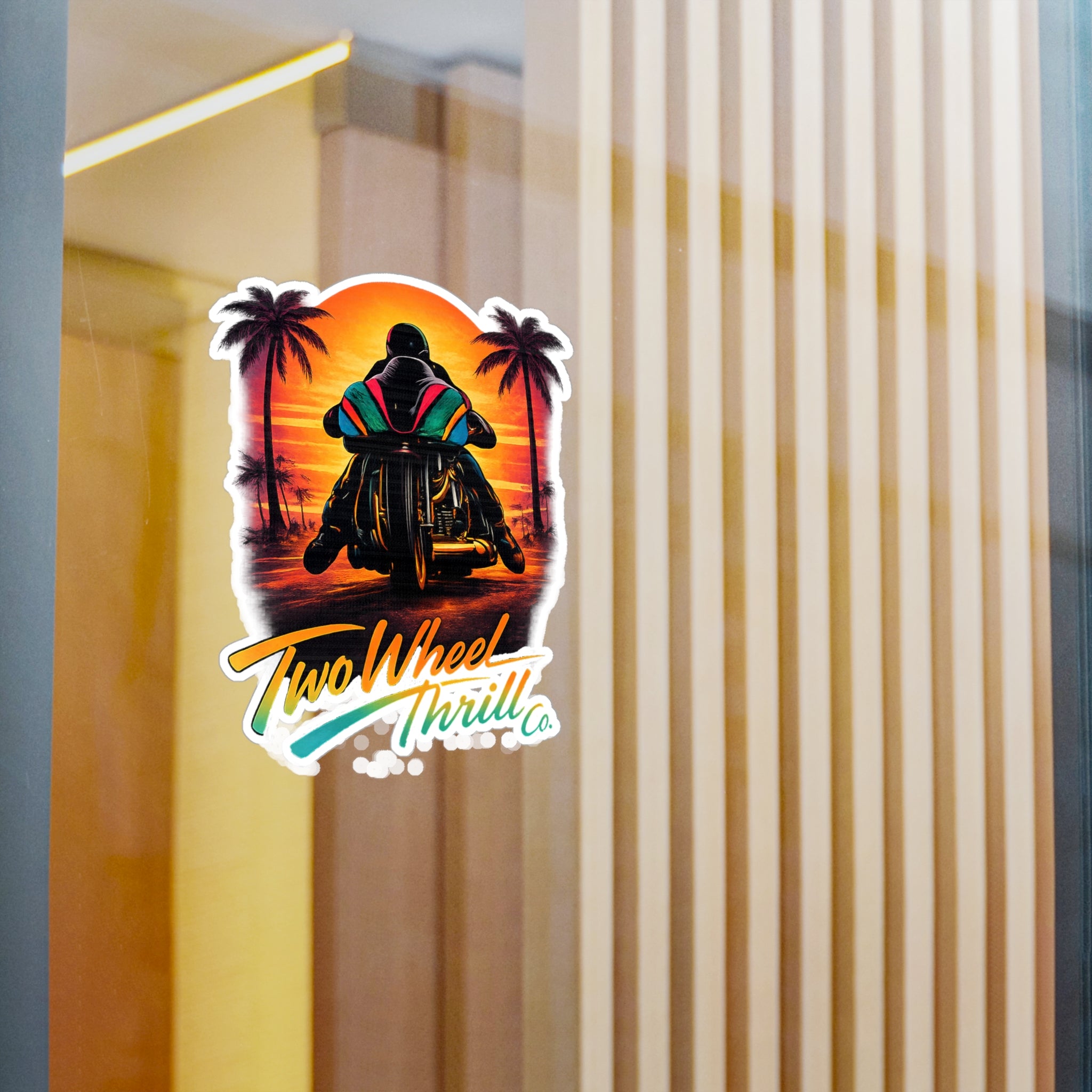 Motorcycle Sunset Sticker — "Two Wheel Thrill" Kiss-Cut Vinyl Decal