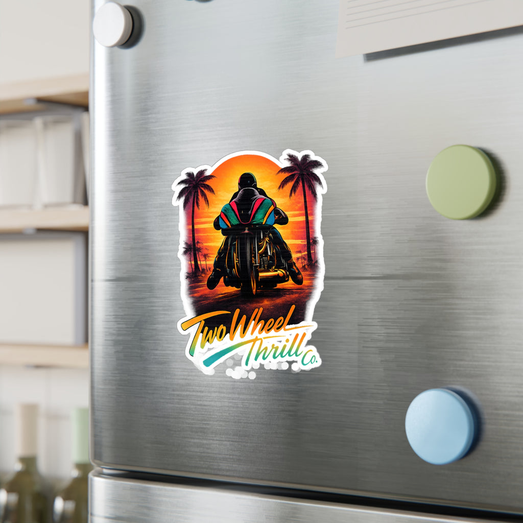 Motorcycle Sunset Sticker — "Two Wheel Thrill" Kiss-Cut Vinyl Decal