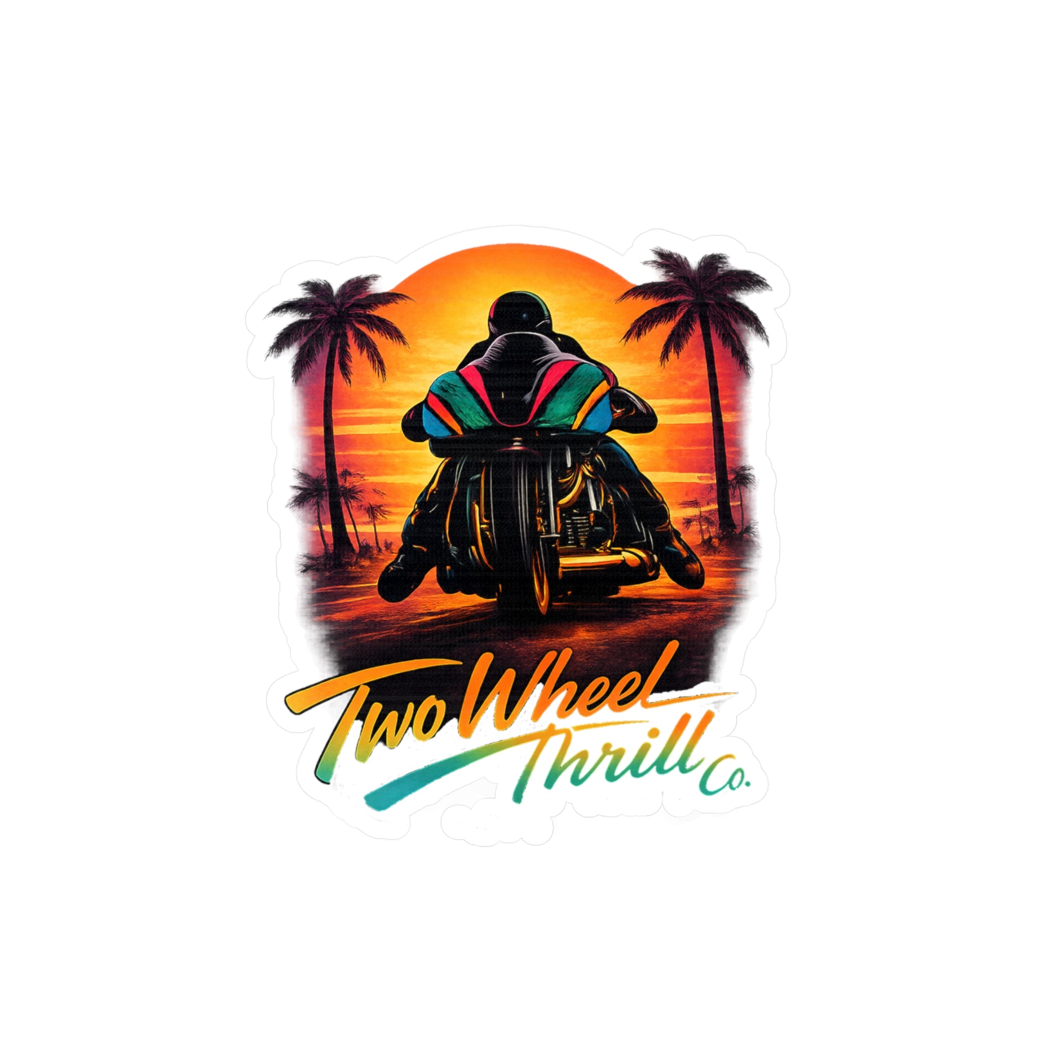 Motorcycle Sunset Sticker — "Two Wheel Thrill" Kiss-Cut Vinyl Decal