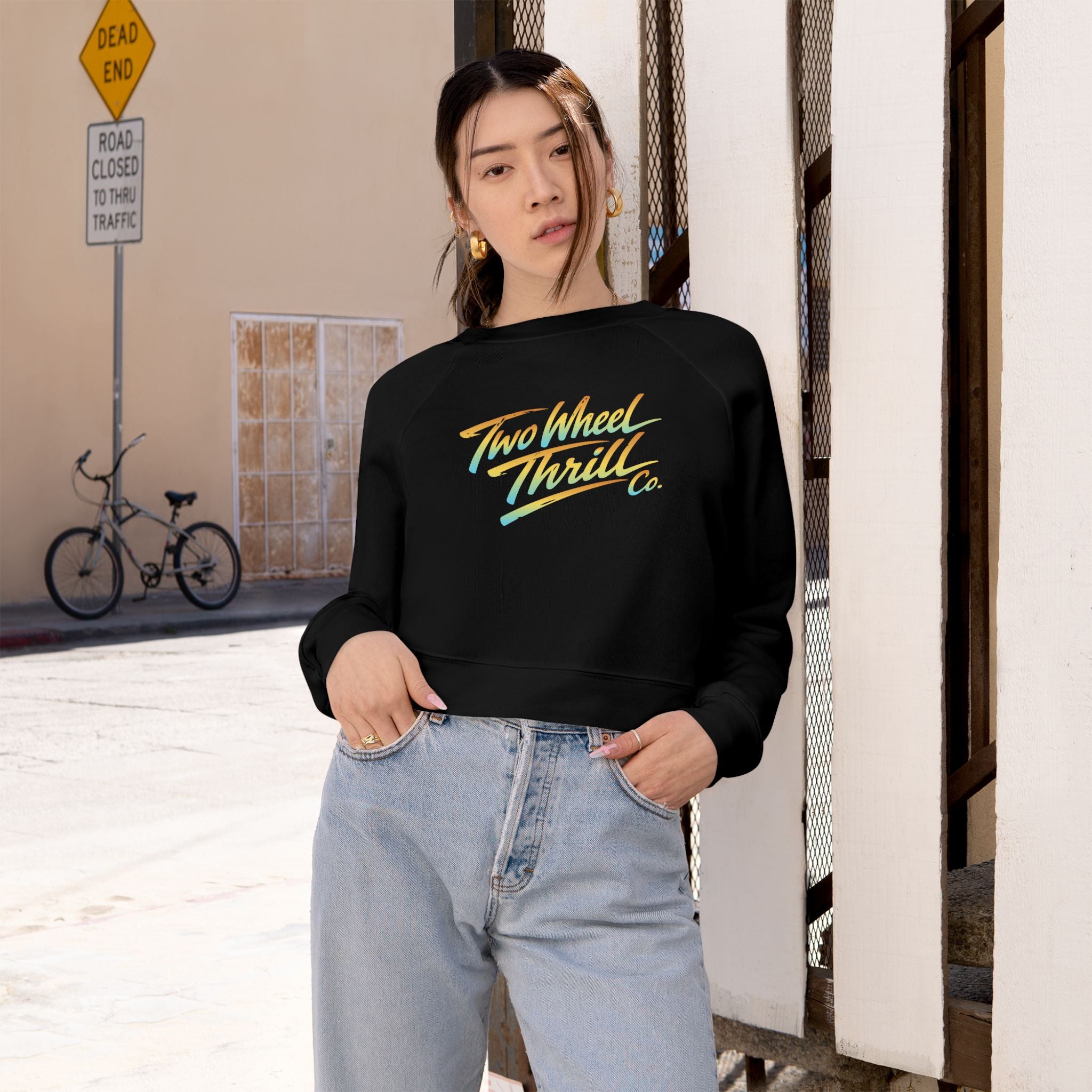 Two Wheel Thrill Co. Cropped Pullover — Women's Retro Motorcycle Fleece