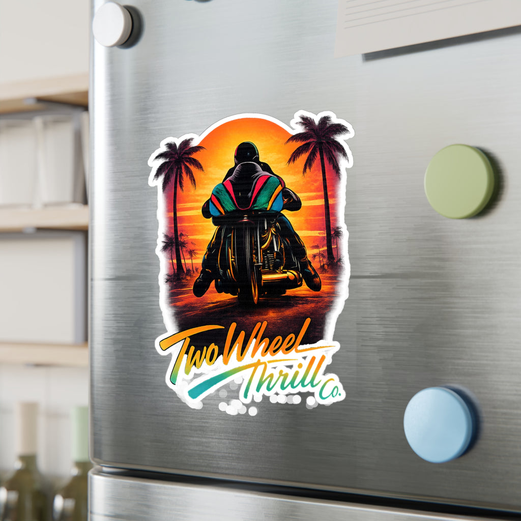 Motorcycle Sunset Sticker — "Two Wheel Thrill" Kiss-Cut Vinyl Decal
