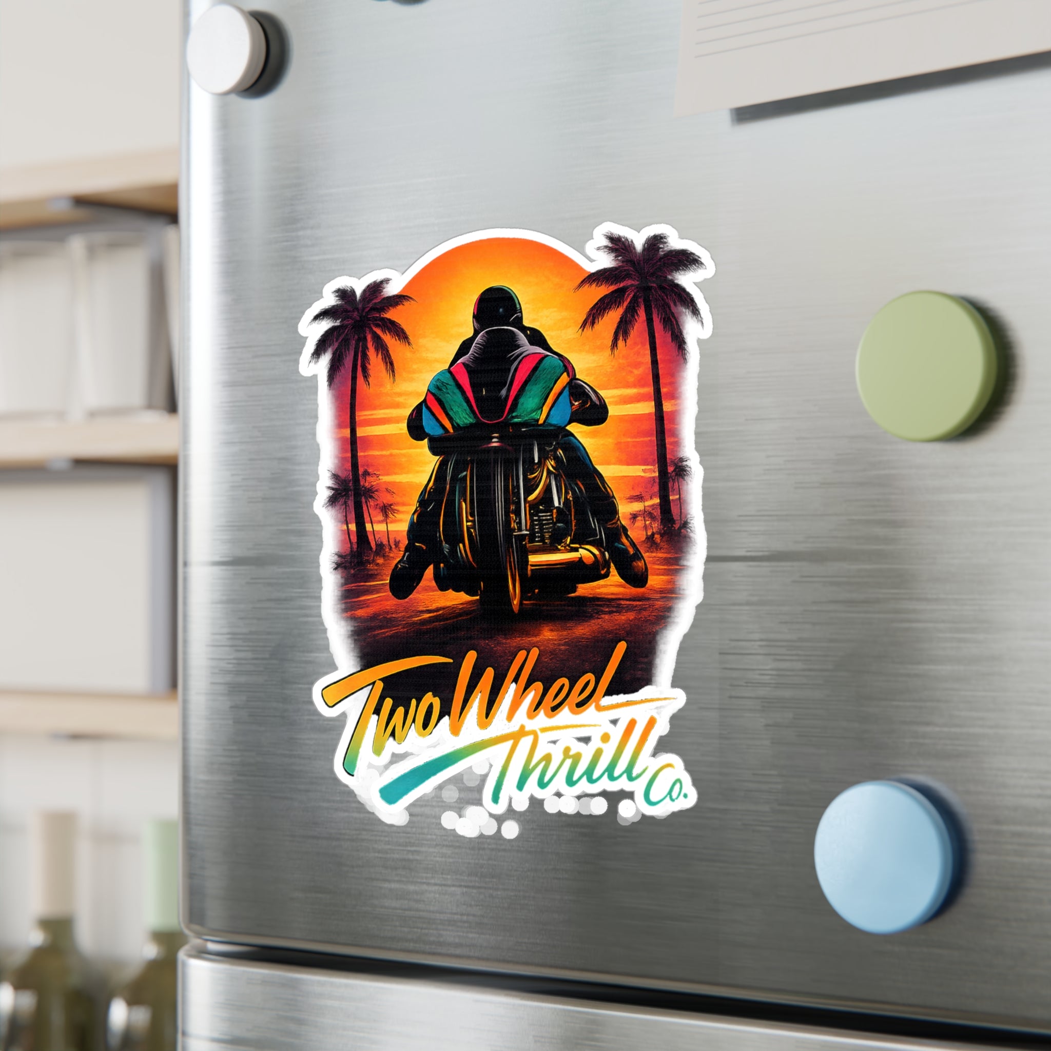 Motorcycle Sunset Sticker — "Two Wheel Thrill" Kiss-Cut Vinyl Decal