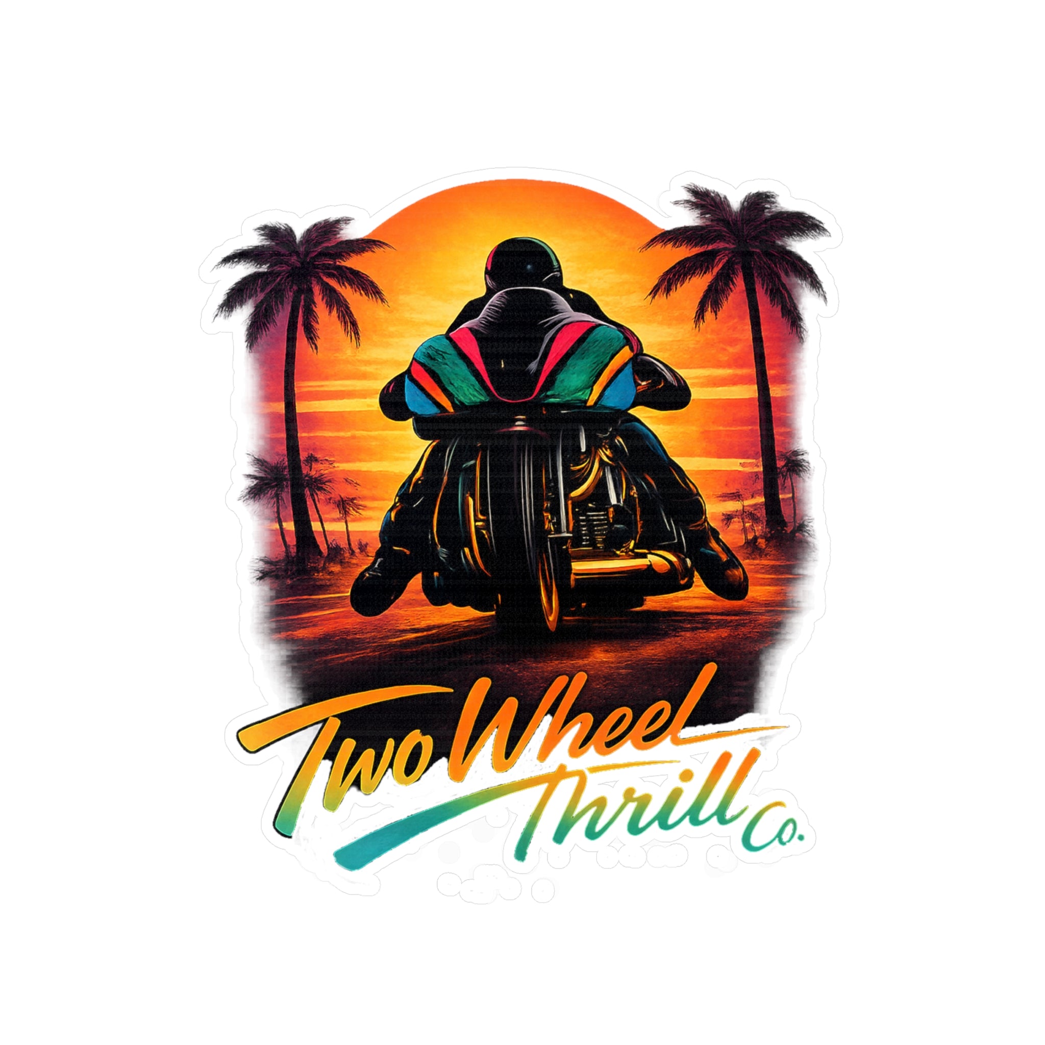 Motorcycle Sunset Sticker — "Two Wheel Thrill" Kiss-Cut Vinyl Decal