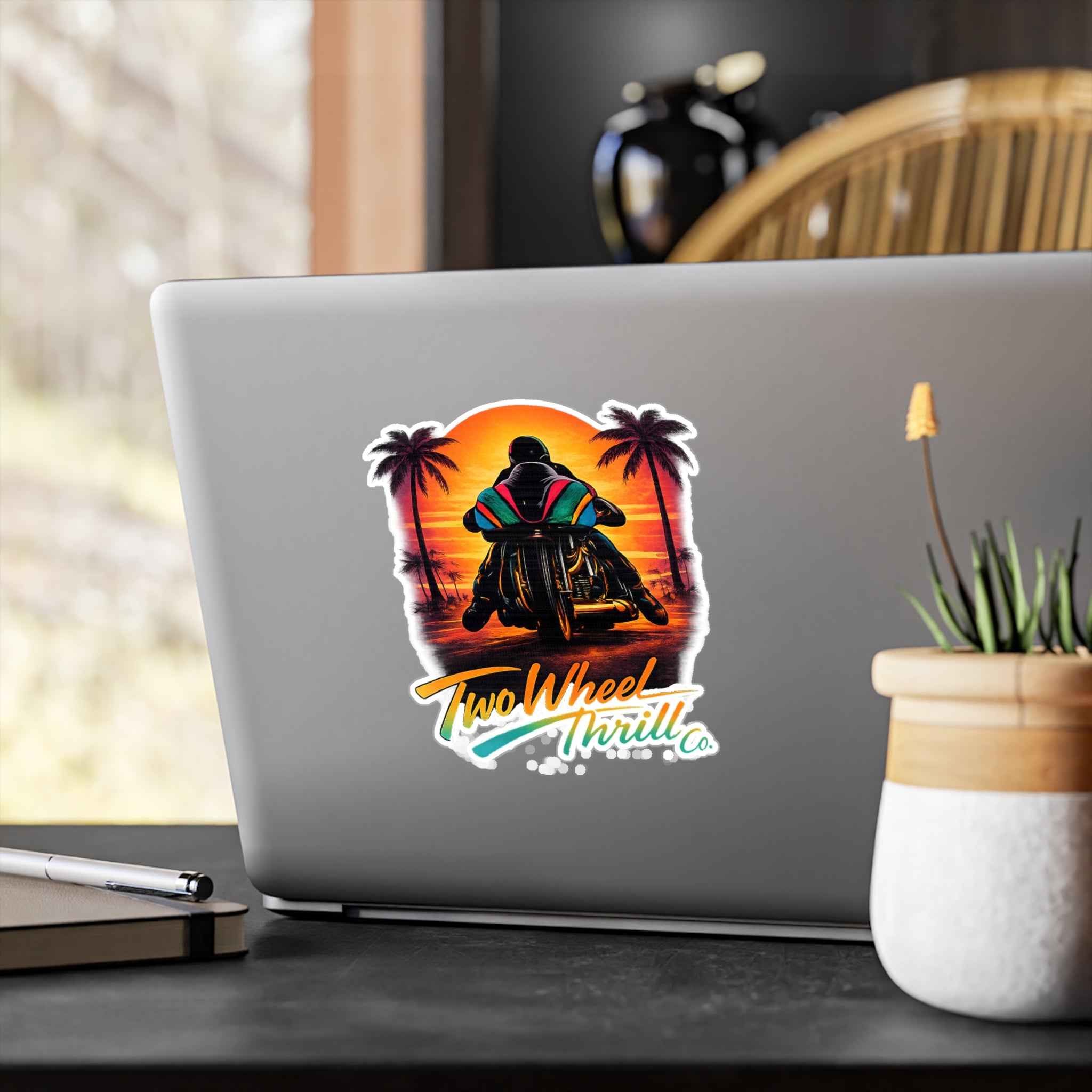 Motorcycle Sunset Sticker — "Two Wheel Thrill" Kiss-Cut Vinyl Decal