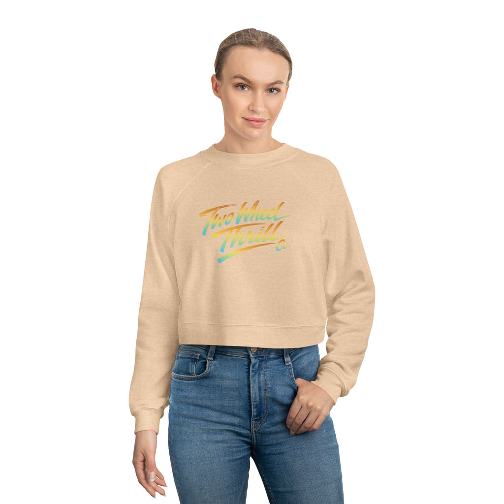 Two Wheel Thrill Co. Cropped Pullover — Women's Retro Motorcycle Fleece