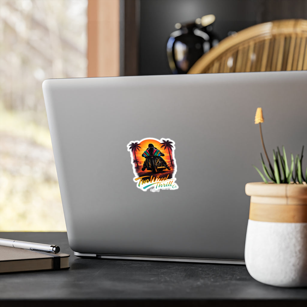 Motorcycle Sunset Sticker — "Two Wheel Thrill" Kiss-Cut Vinyl Decal