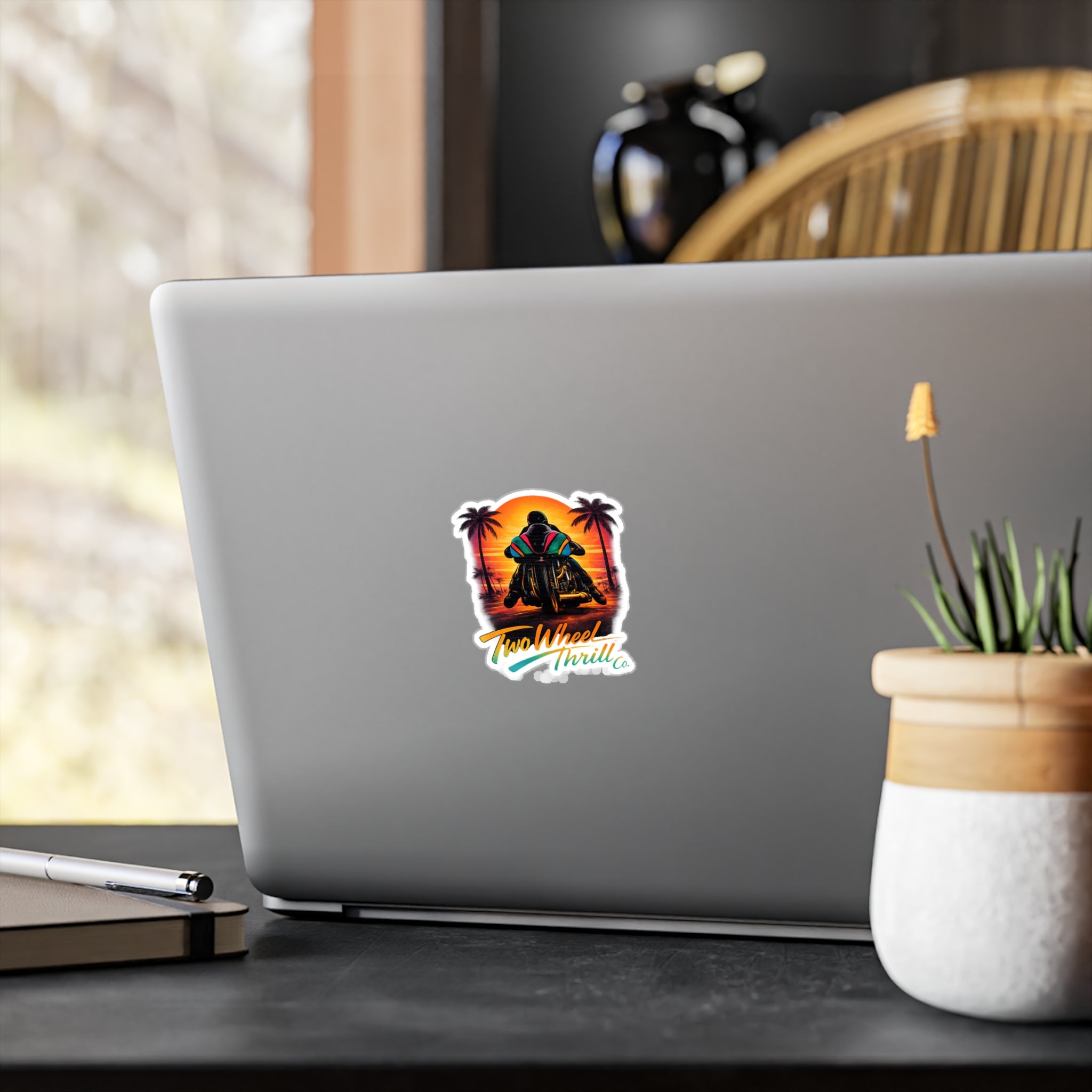 Motorcycle Sunset Sticker — "Two Wheel Thrill" Kiss-Cut Vinyl Decal