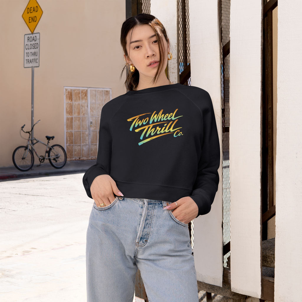 Two Wheel Thrill Co. Cropped Pullover — Women's Retro Motorcycle Fleece