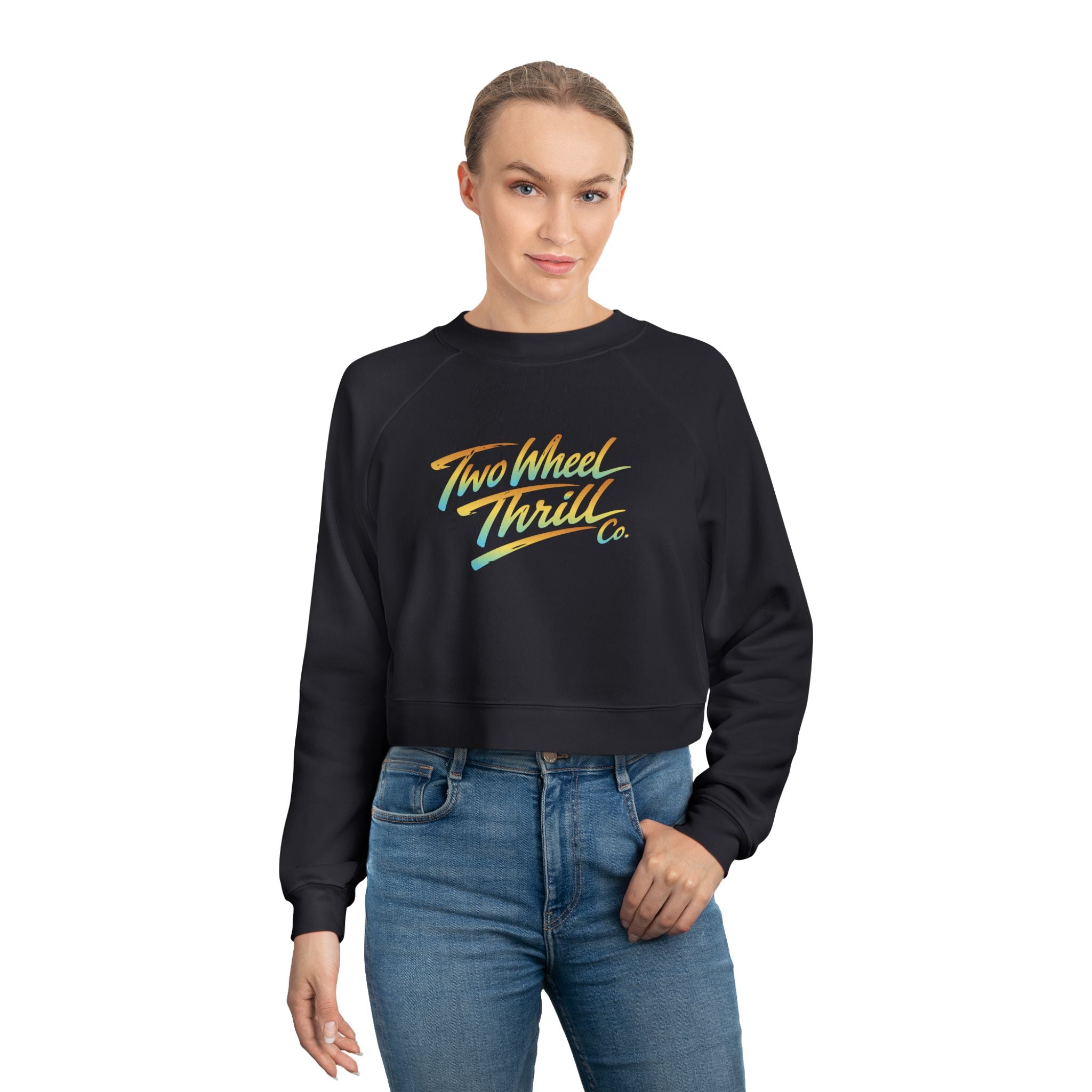 Two Wheel Thrill Co. Cropped Pullover — Women's Retro Motorcycle Fleece